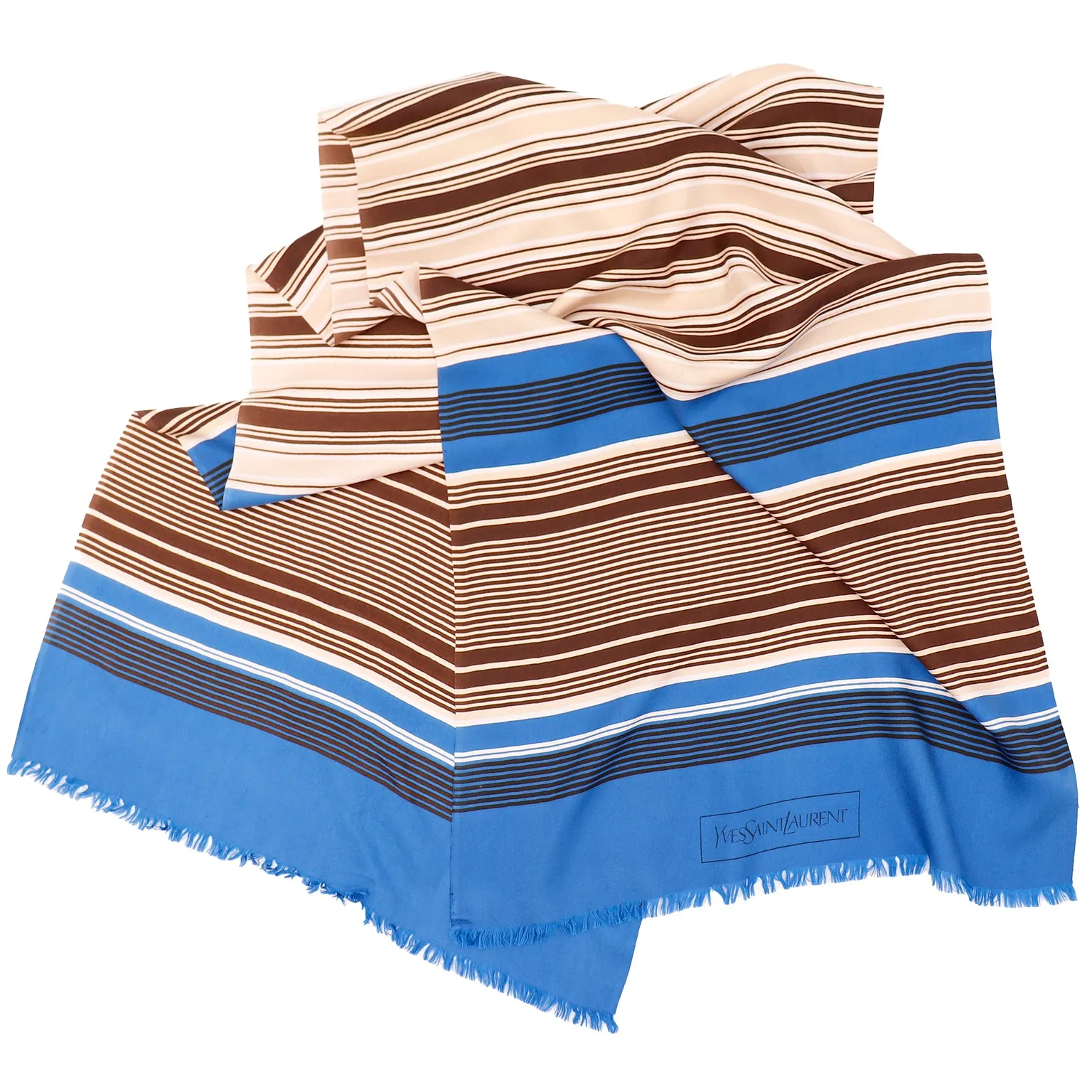 1990s Yves Saint Laurent Blue & Brown Striped Silk Scarf