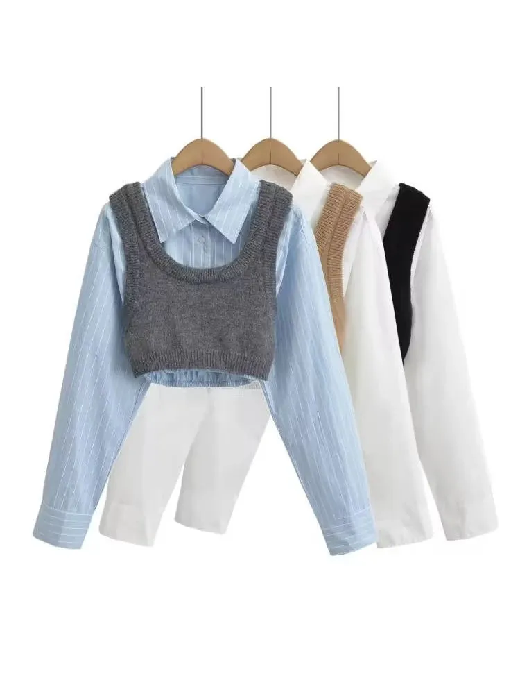 A&A Cropped Shirt Knited Vest Set