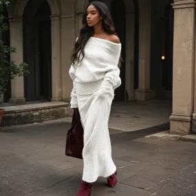 A&A Off-Shoulder Long Sleeve Knitted Maxi Two Piece Skirt Set