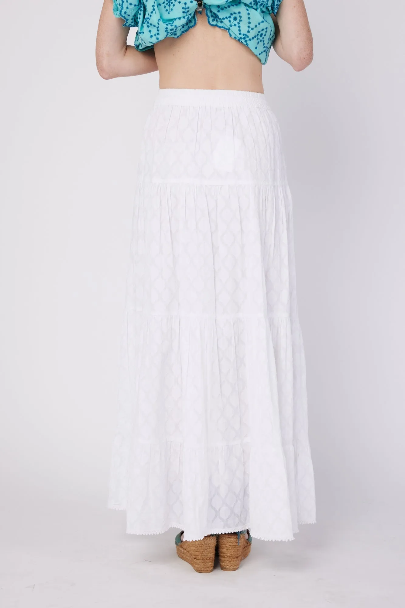 Agnesia Maxi Jacquard Skirt with Lace Trim in White