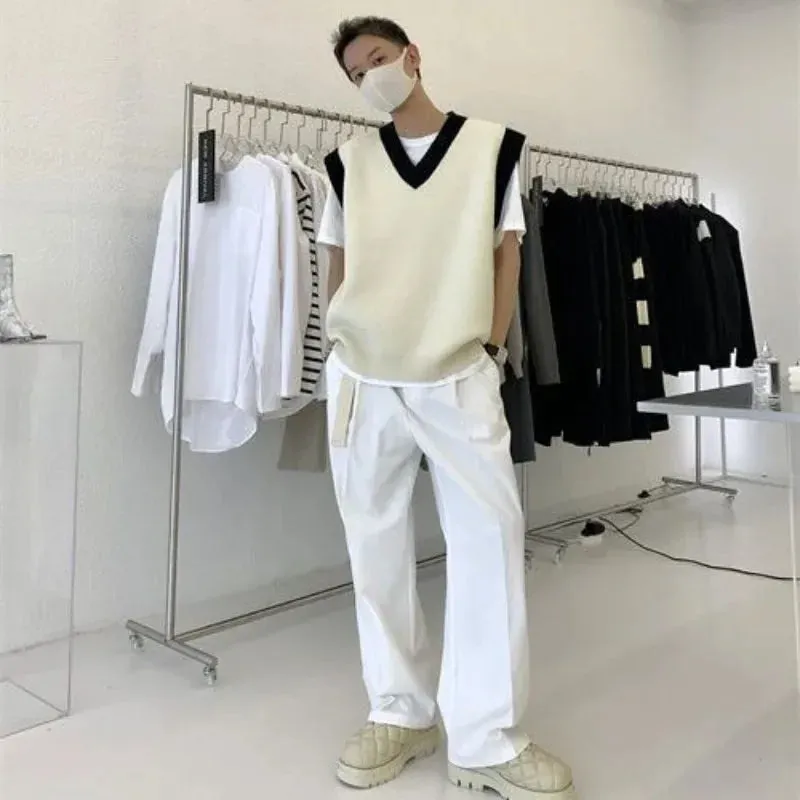 Aidase White Striped Knitted Sweaters For Men Vest V Neck Man Clothes Sleeveless Waistcoat Thick Winter Old Cotton