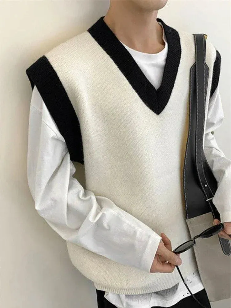 Aidase White Striped Knitted Sweaters For Men Vest V Neck Man Clothes Sleeveless Waistcoat Thick Winter Old Cotton