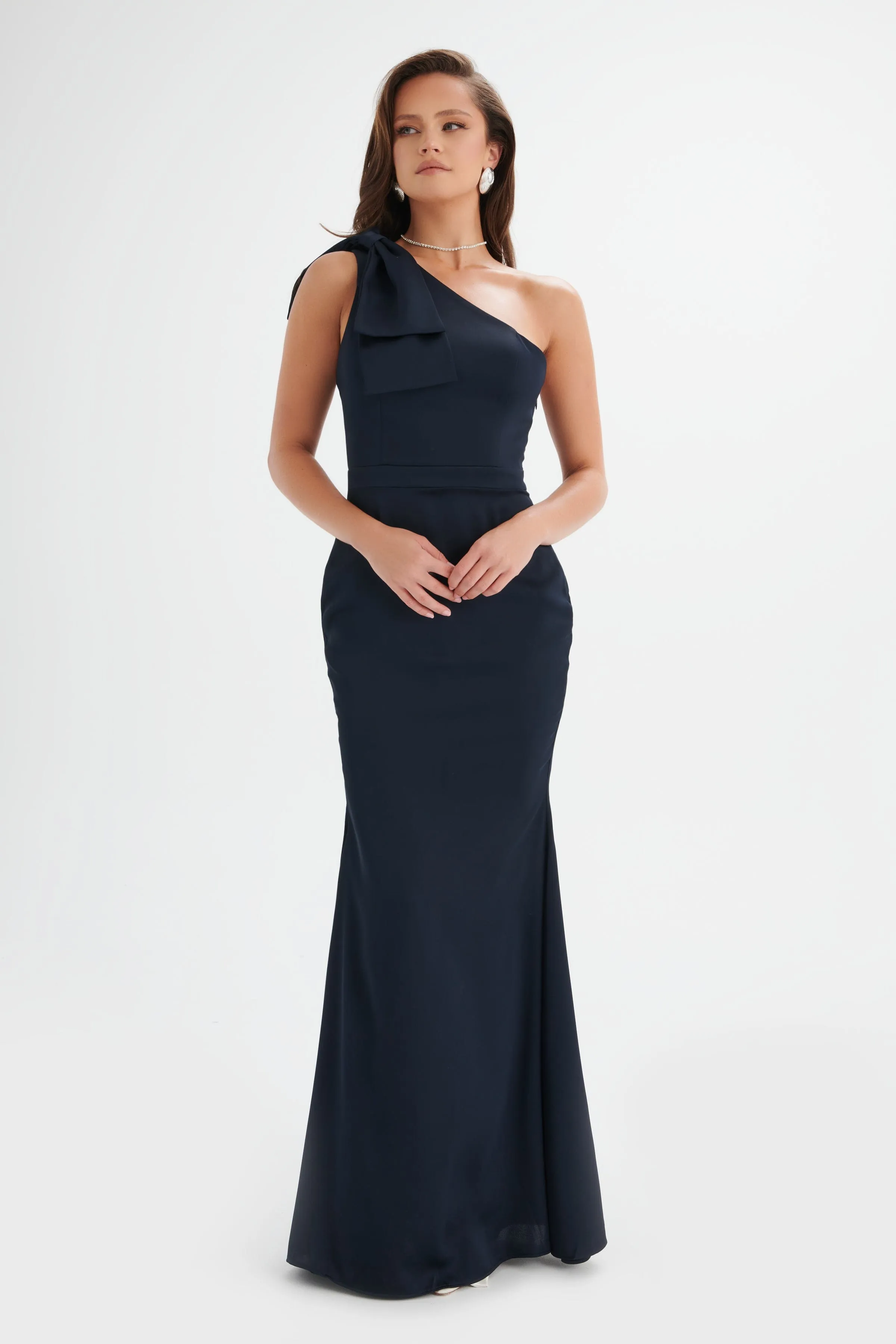 ALESSANDRA Satin Bow Shoulder Maxi Dress in Midnight Blue