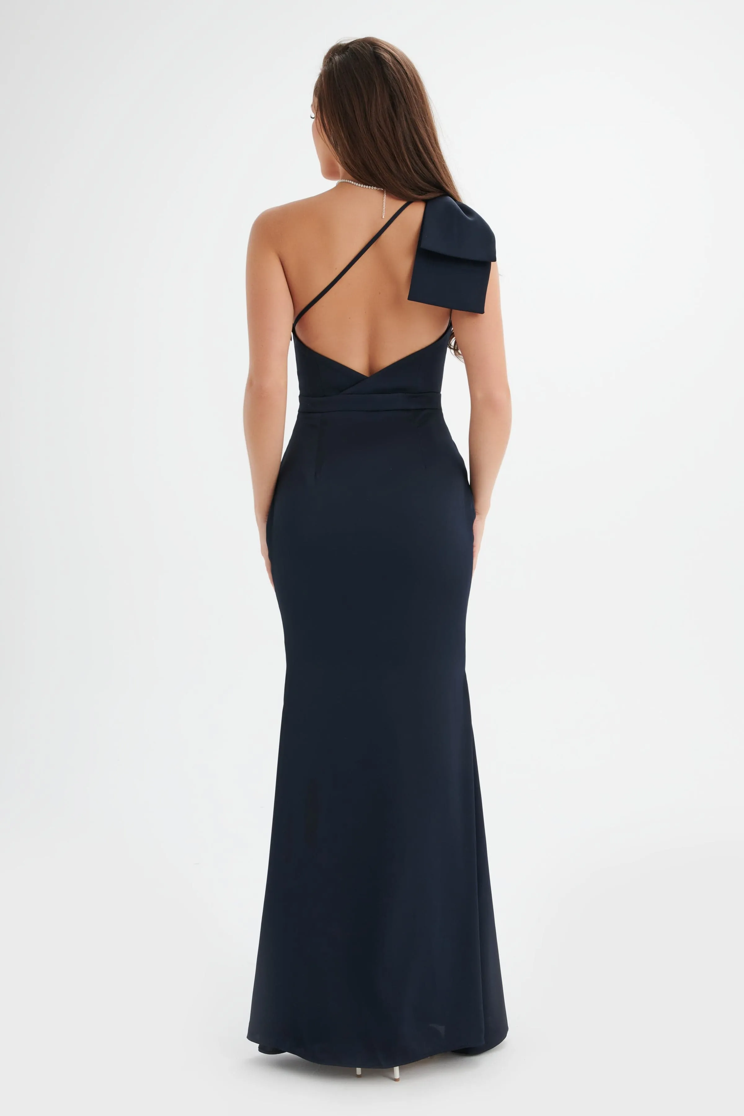 ALESSANDRA Satin Bow Shoulder Maxi Dress in Midnight Blue