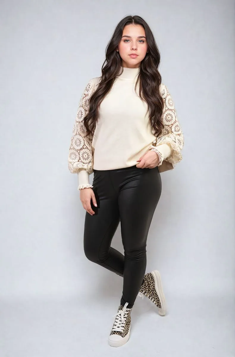 Alexis High Neck Knit Crochet Sleeve Jumper