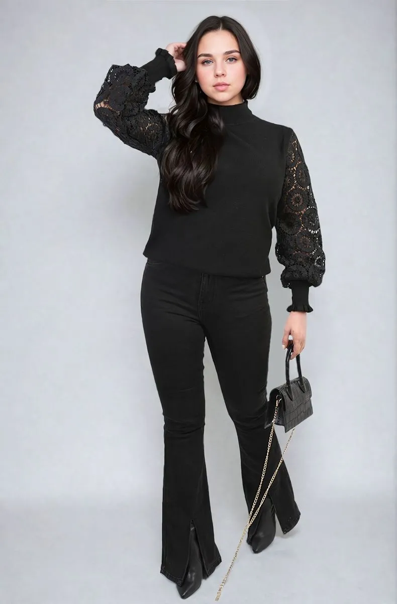 Alexis High Neck Knit Crochet Sleeve Jumper