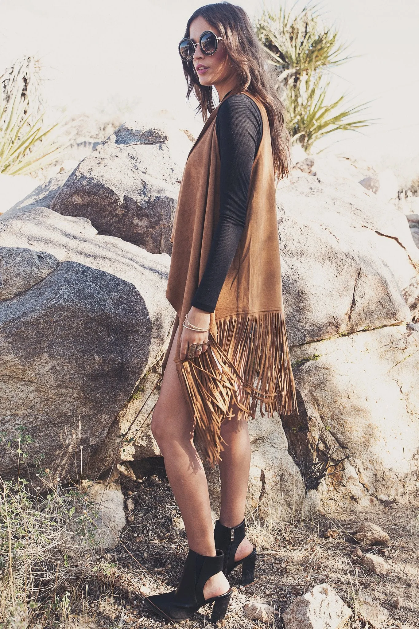 Aline Suede Fringe Vest - Camel