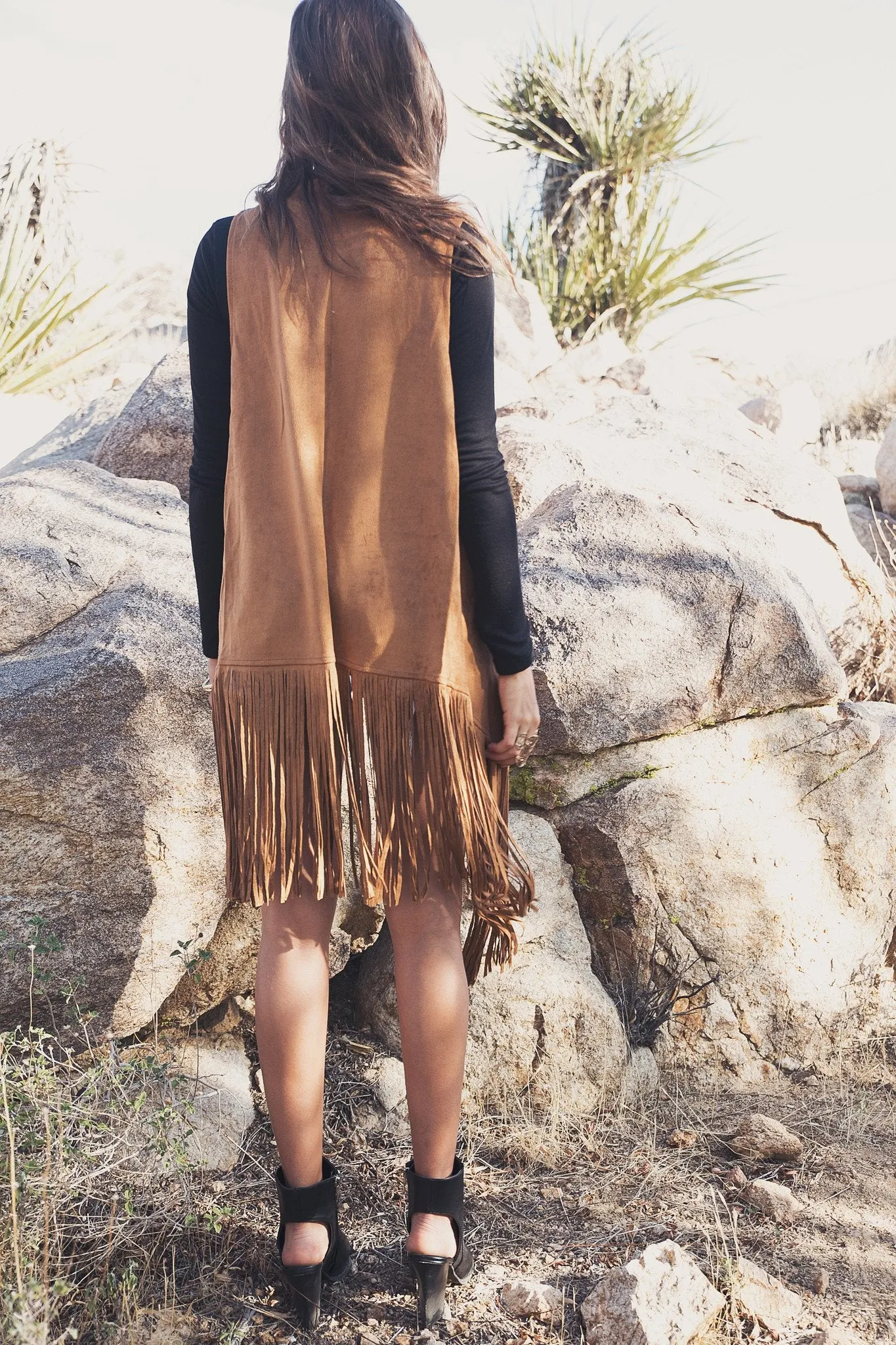 Aline Suede Fringe Vest - Camel