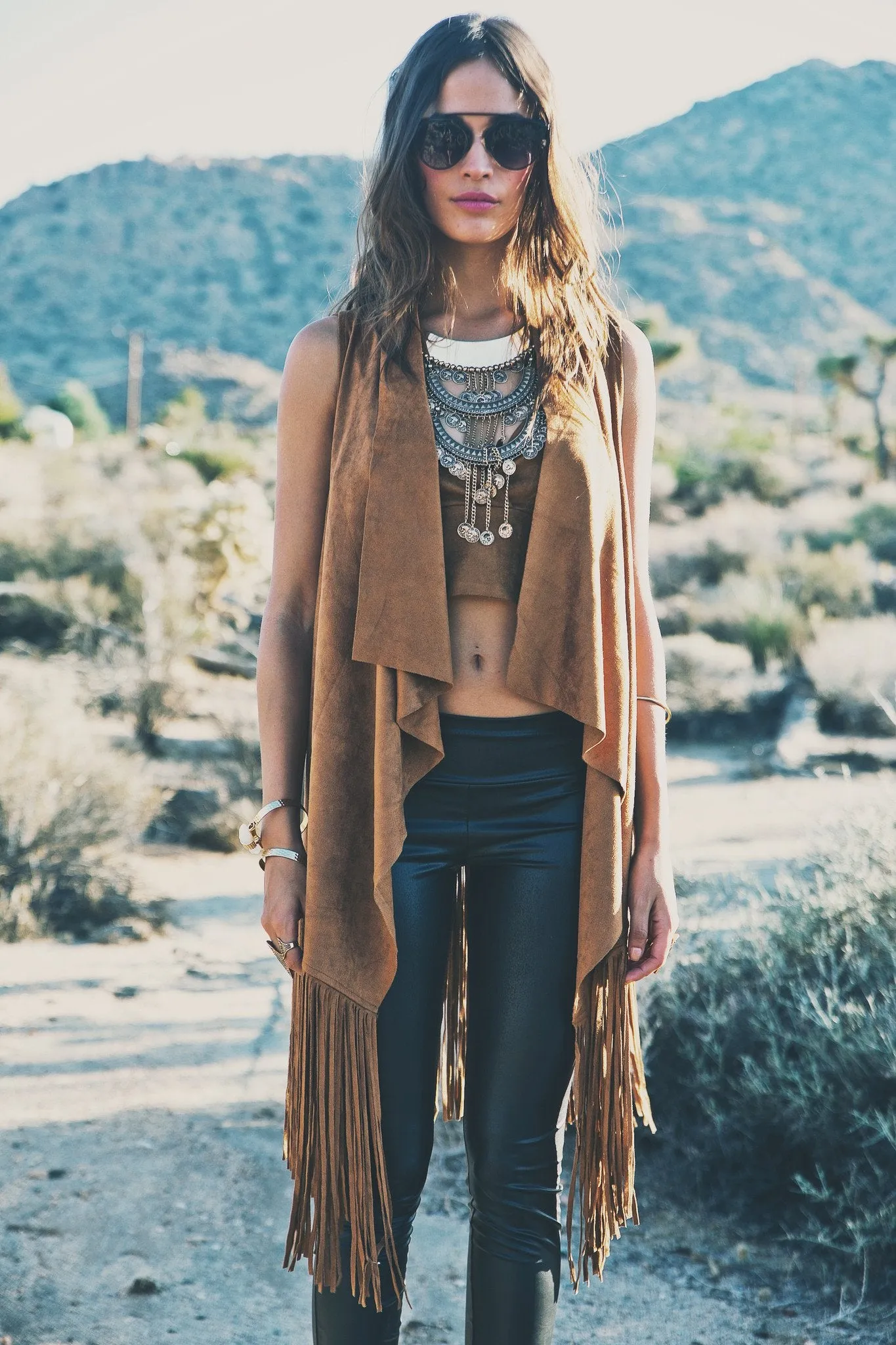 Aline Suede Fringe Vest - Camel