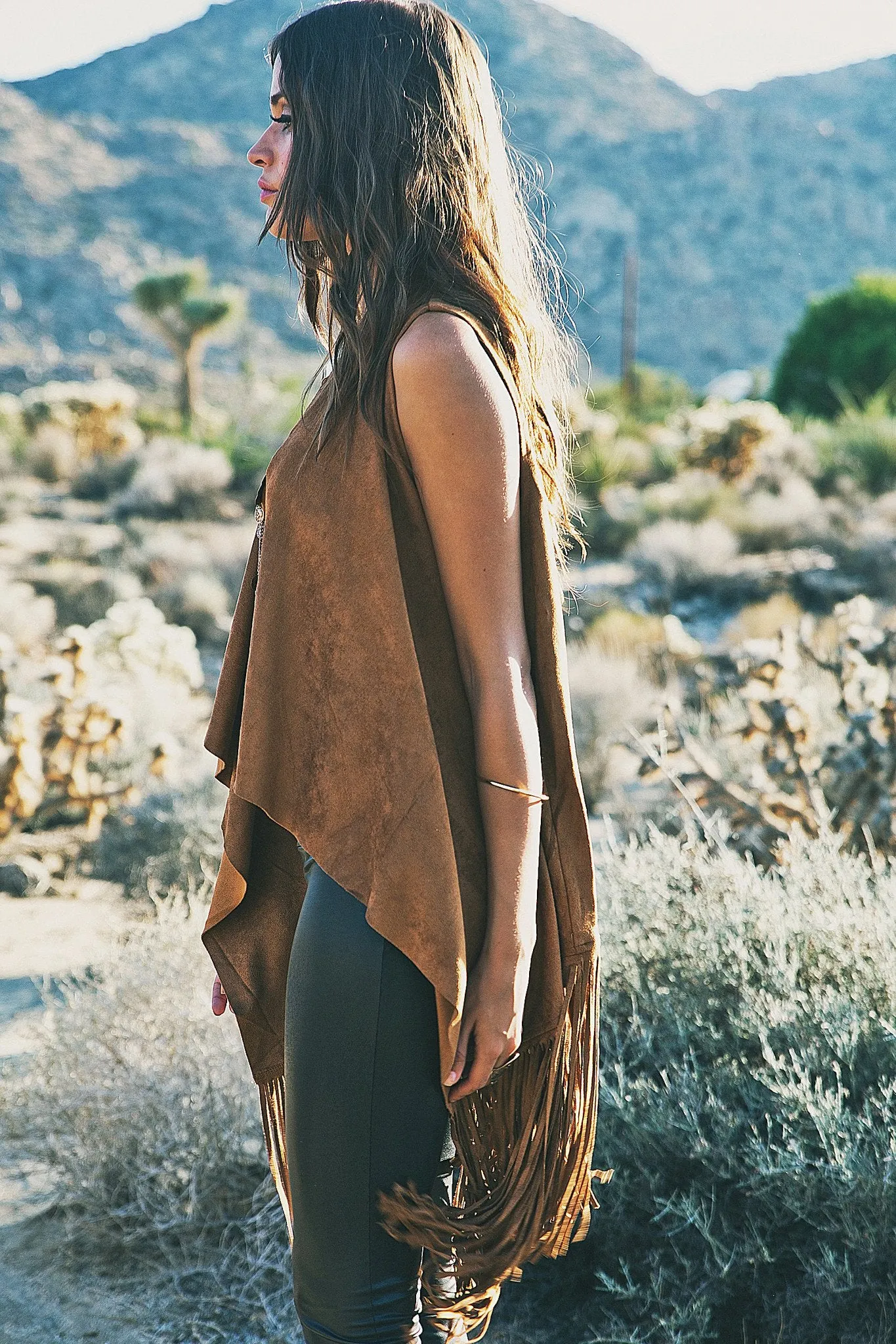 Aline Suede Fringe Vest - Camel