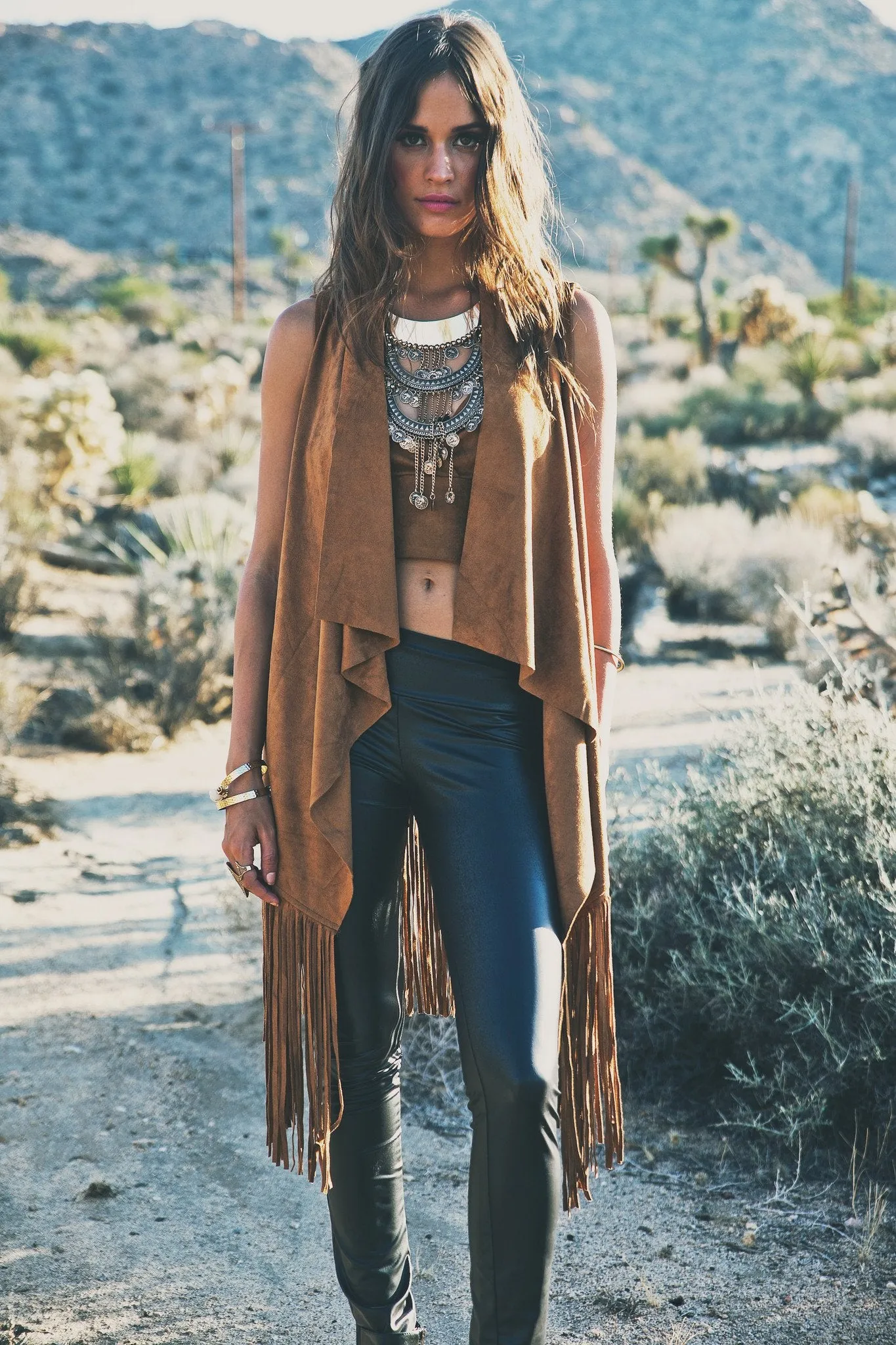 Aline Suede Fringe Vest - Camel