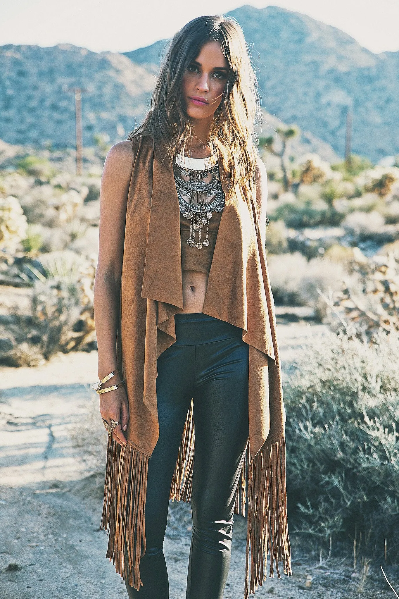 Aline Suede Fringe Vest - Camel