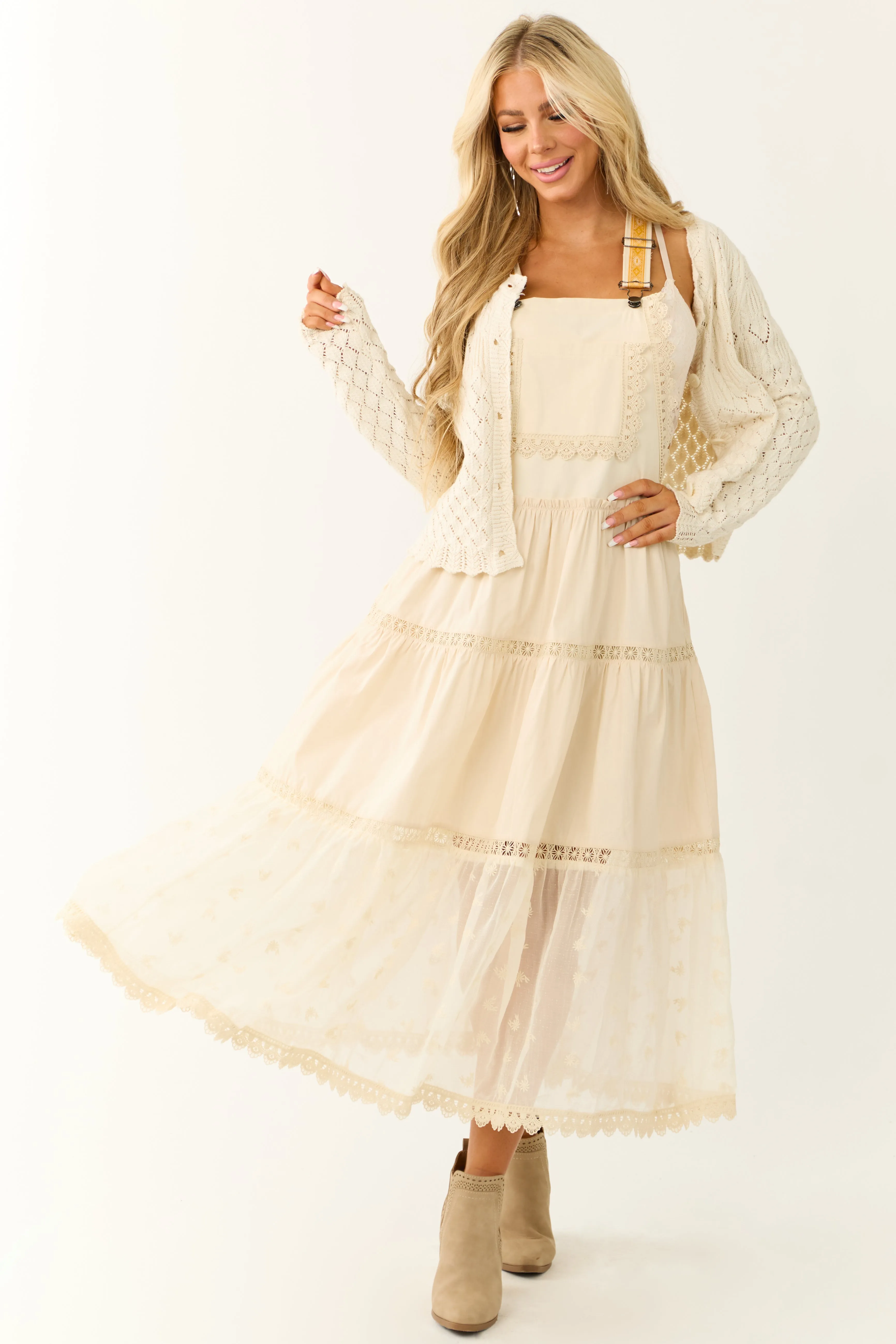 Almond Lace Tiered Overalls Maxi Dress