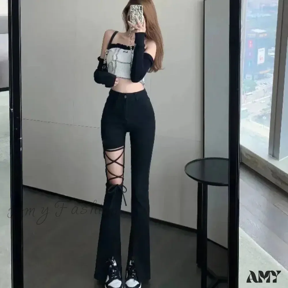 Amy Fashion - Black Ripped High-waisted Wide-leg Summer Thin Drape Ice Silk Strap Micro Flared Feynzz's Jean