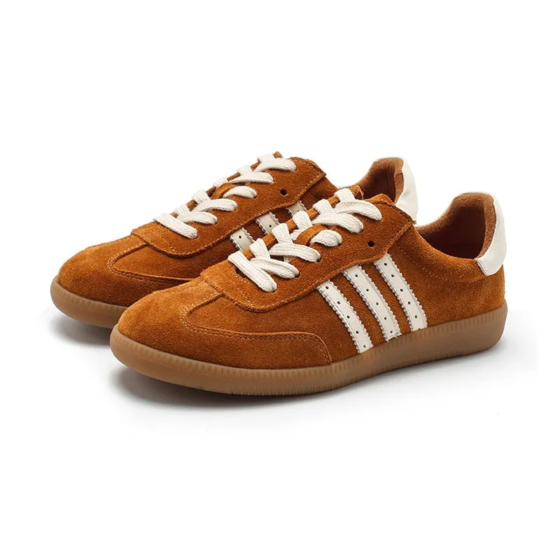 Army Trainer Leather Low-top Sneakers for Women With Stripes in Green/Coffee/Beige/Brown