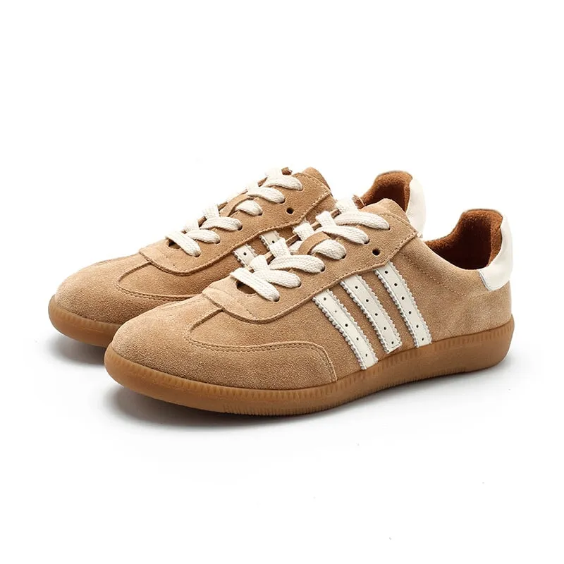 Army Trainer Leather Low-top Sneakers for Women With Stripes in Green/Coffee/Beige/Brown