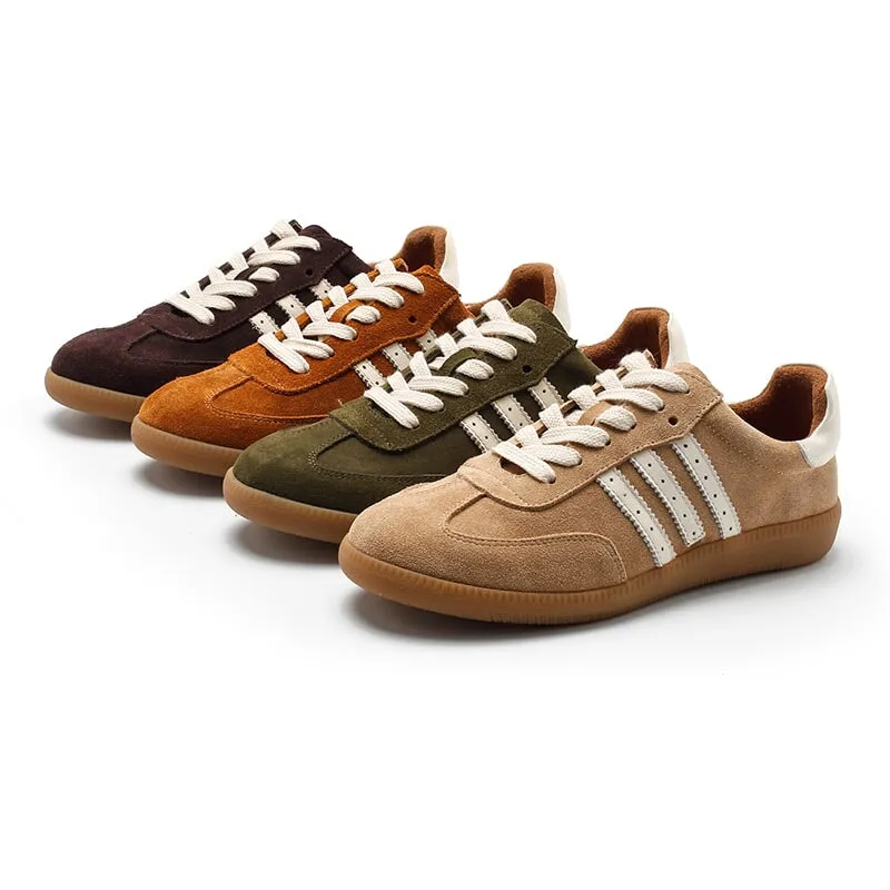 Army Trainer Leather Low-top Sneakers for Women With Stripes in Green/Coffee/Beige/Brown