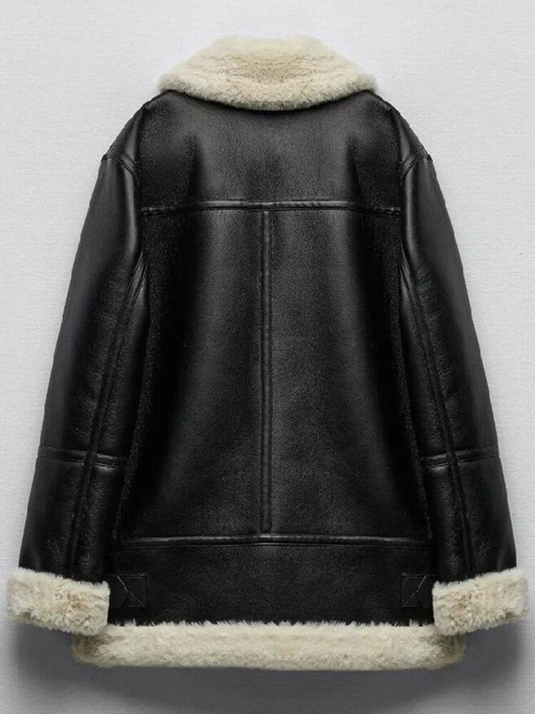 Ashore Shop New Autumn Winter Women Pu Leather Jacket Moto Biker Female Zipper Loose Thick Warm Faux Fur Coat Black Outwear