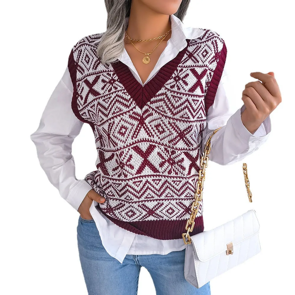 Autumn Winter Christmas Snowflake V-Neck Knitted Vest Sweater