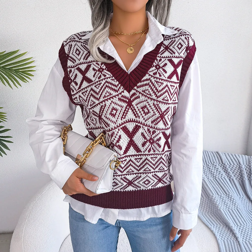 Autumn Winter Christmas Snowflake V-Neck Knitted Vest Sweater