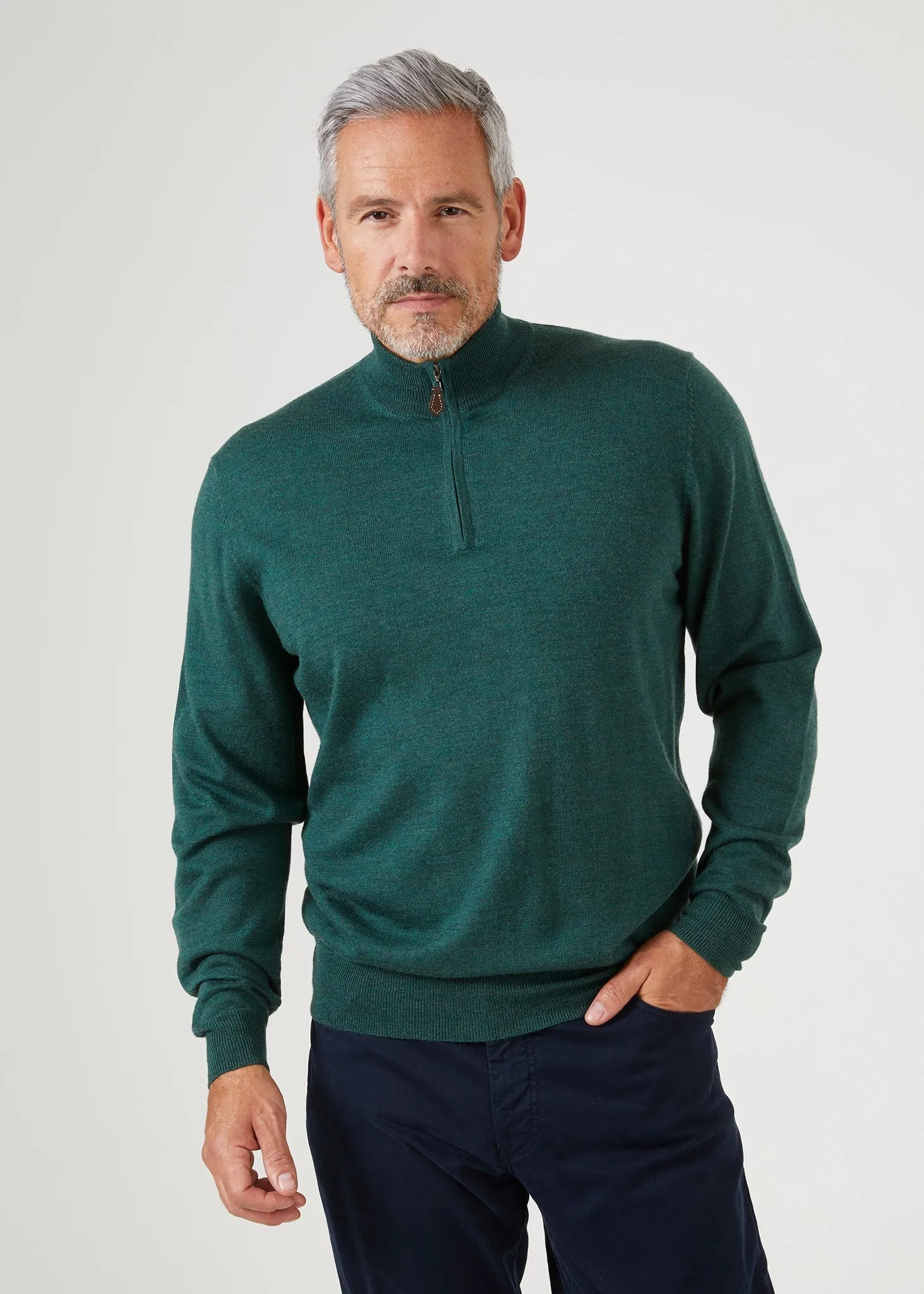 Barton Merino Wool 1/4 Zip Mock Jumper in Hunter - Regular Fit