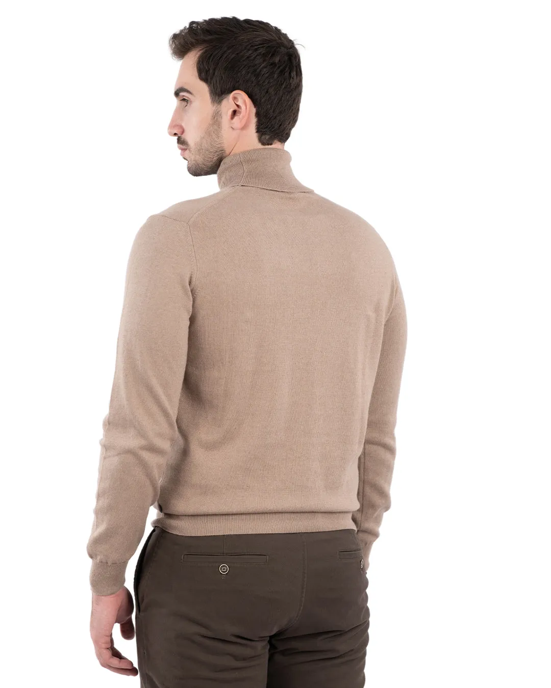 Beige Cotton Cashmere Roll Neck Jumper