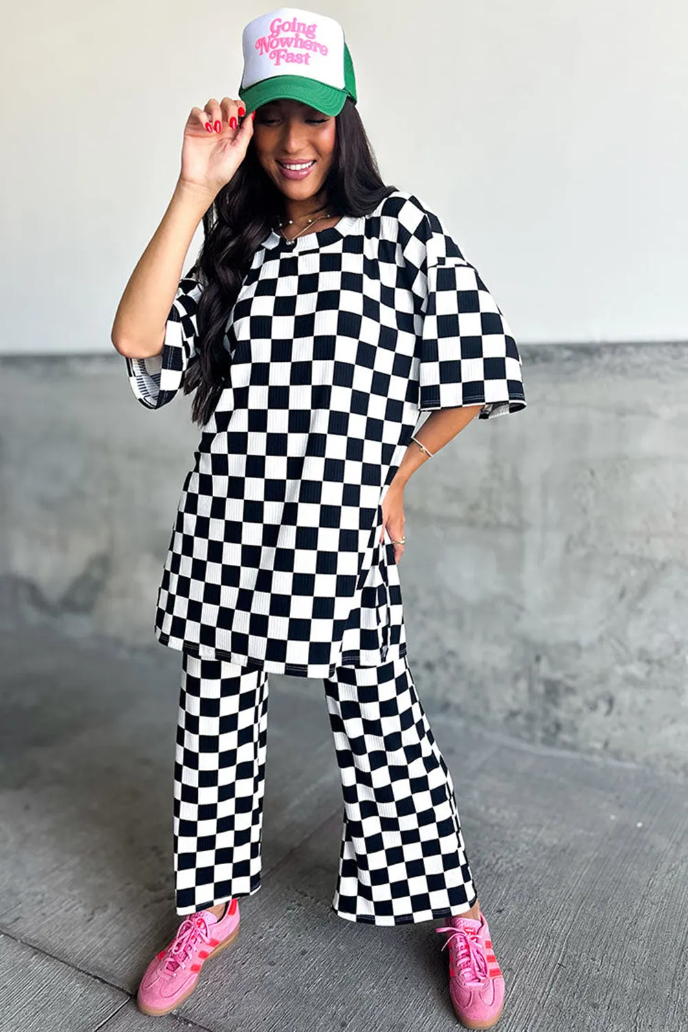 Black Checkered Print Half Sleeve Tunic Top and Flared Pants Set