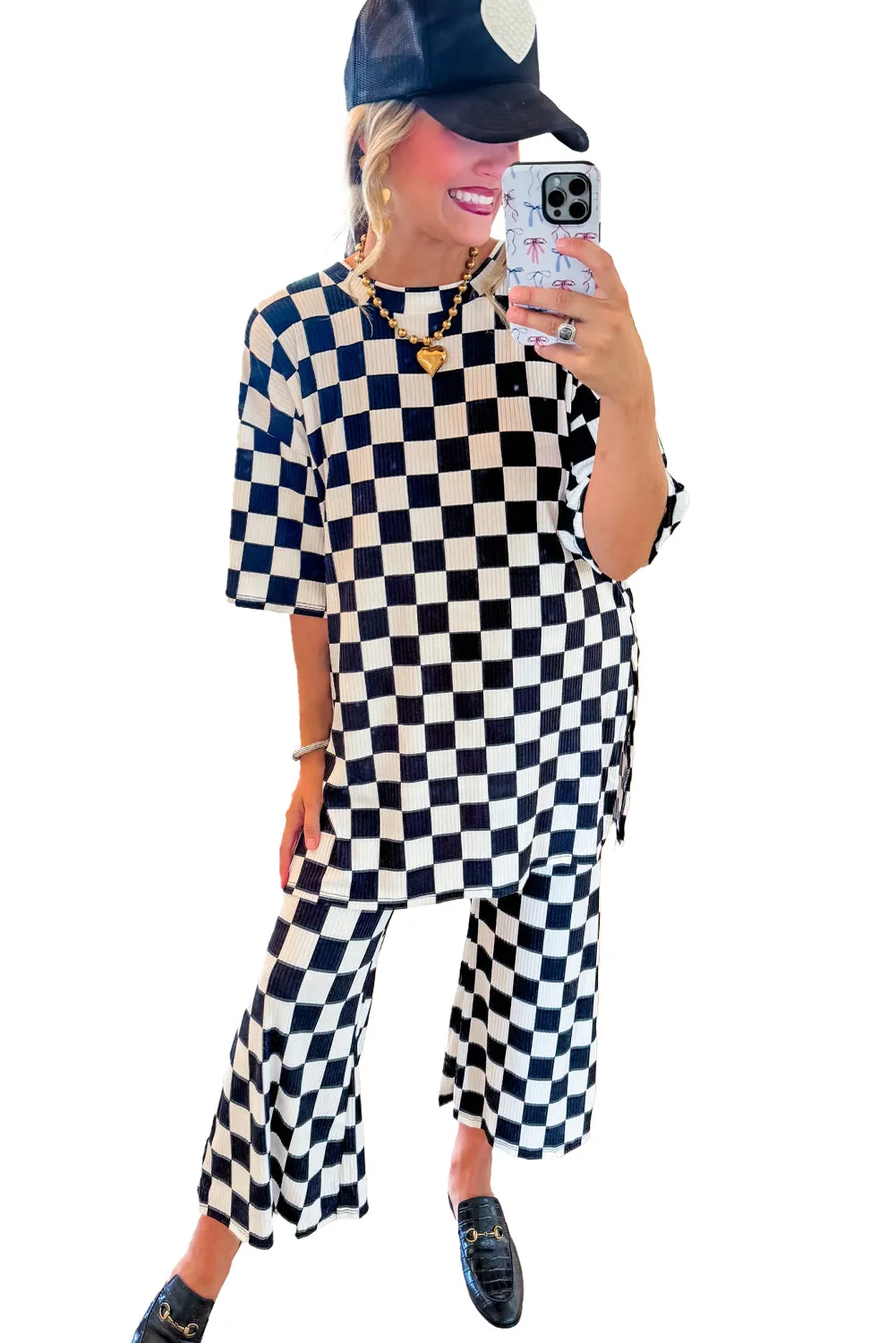 Black Checkered Print Half Sleeve Tunic Top and Flared Pants Set