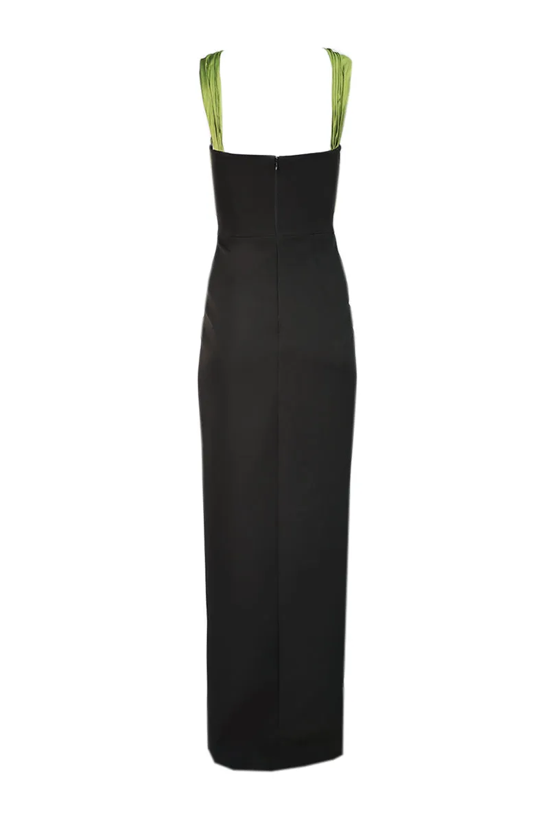 BLACK CROSS FRONT TAFFETA MAXI DRESS