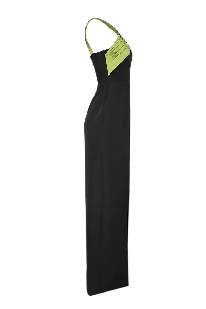 BLACK CROSS FRONT TAFFETA MAXI DRESS