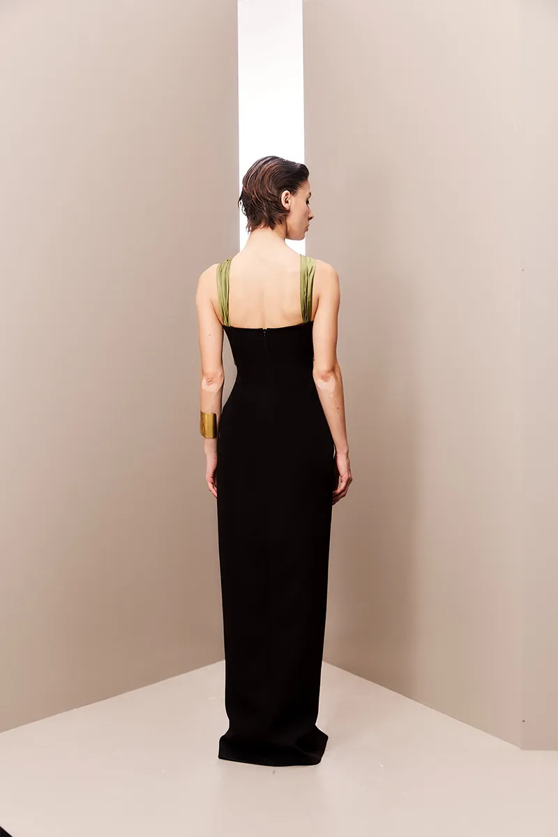 BLACK CROSS FRONT TAFFETA MAXI DRESS