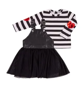 Black/White Striped Shirt w/Red Heart Patch & Black Leather/Tulle Jumper