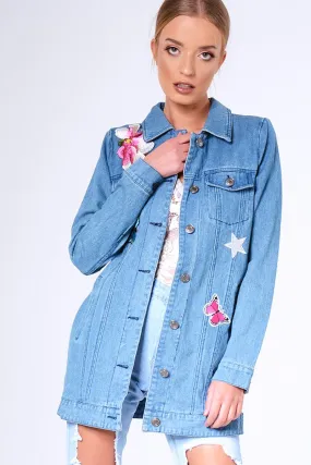 Blue Denim Embroidered Oversized Jacket - Helena