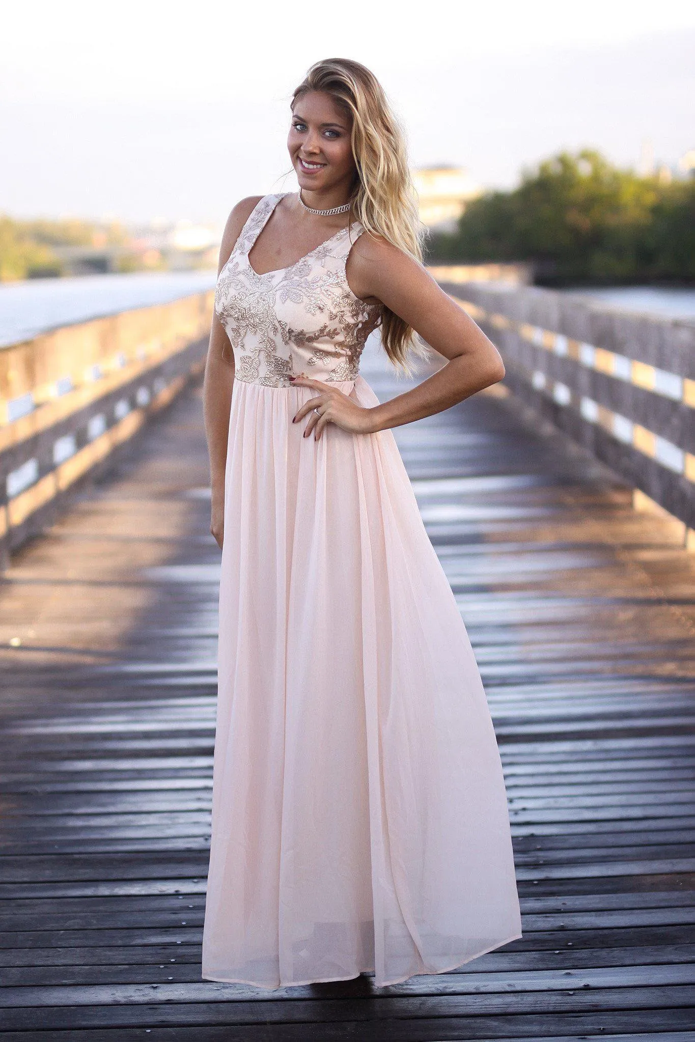 Blush Lace Maxi Dress with Sequined Top