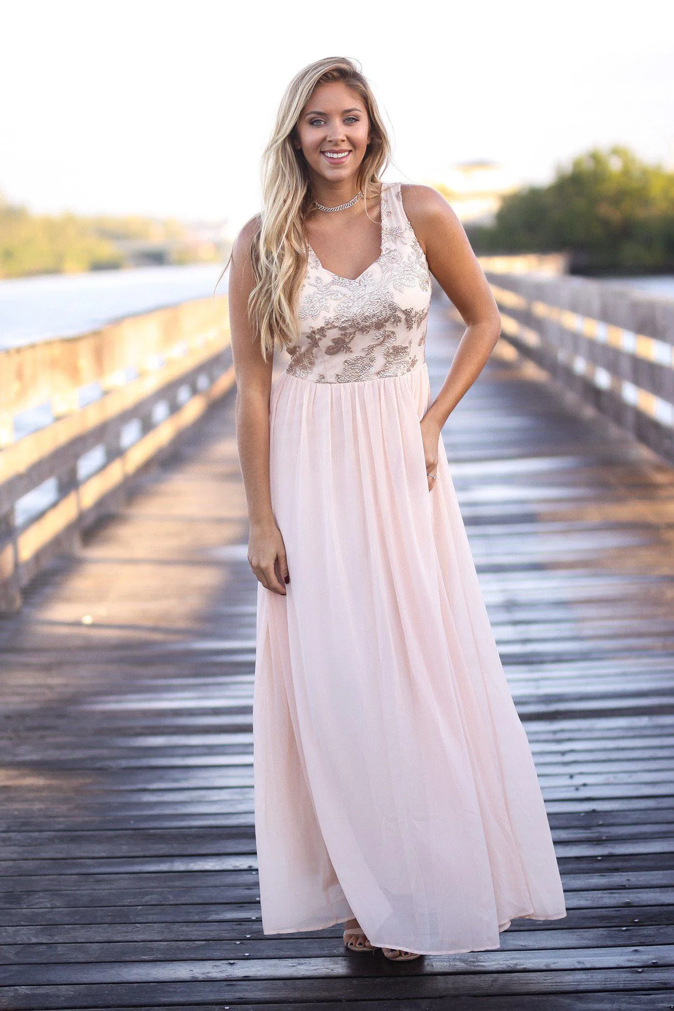 Blush Lace Maxi Dress with Sequined Top