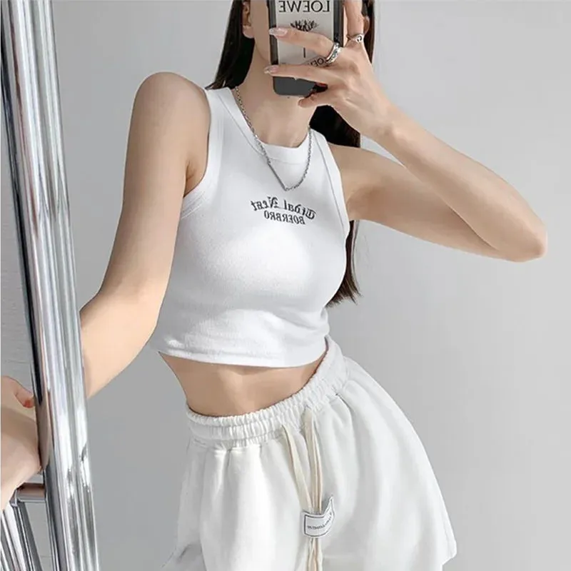 Bonnyshow  Women's Tank Top Ribbed Knitted Embroidery Letter Vest Female Summer Clothing Crop top White Black Casual Short Tight Sport Tops