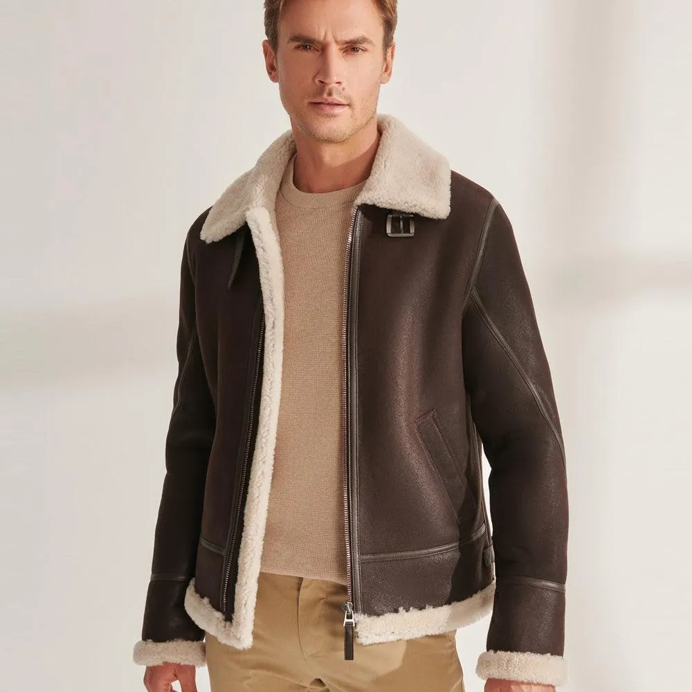 Brown Pilot Shearling Aviator Leather Jacket for Men