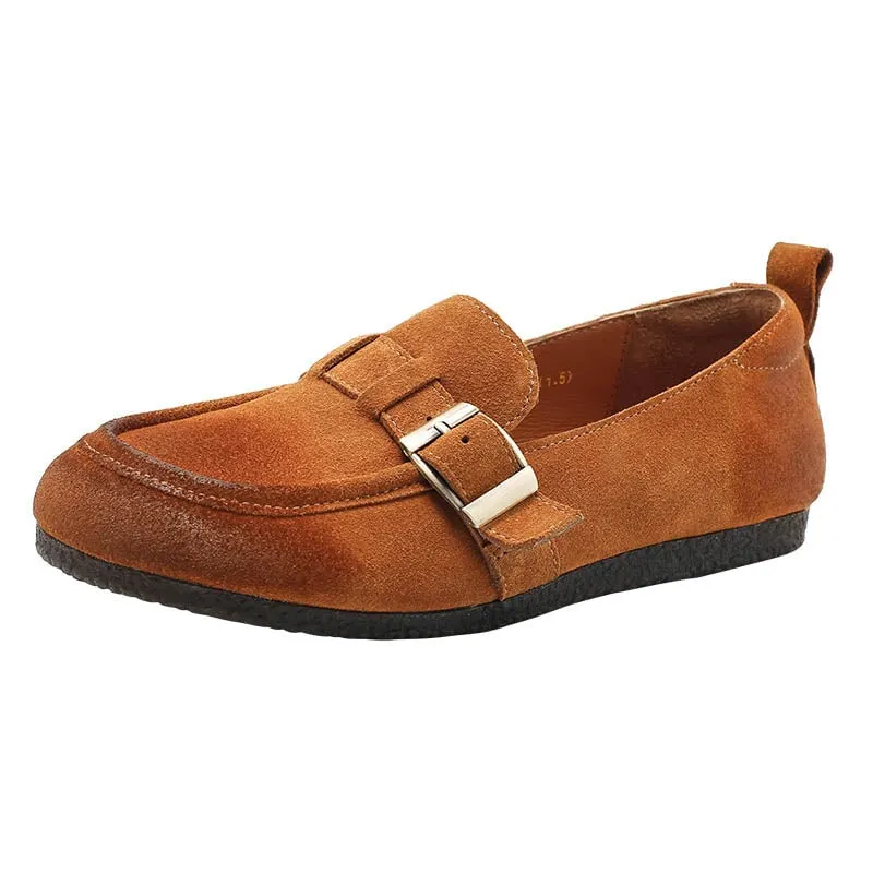 Buckle-fastening Monk Shoes Retro Suede Leather Loafers for Women 4 Colors