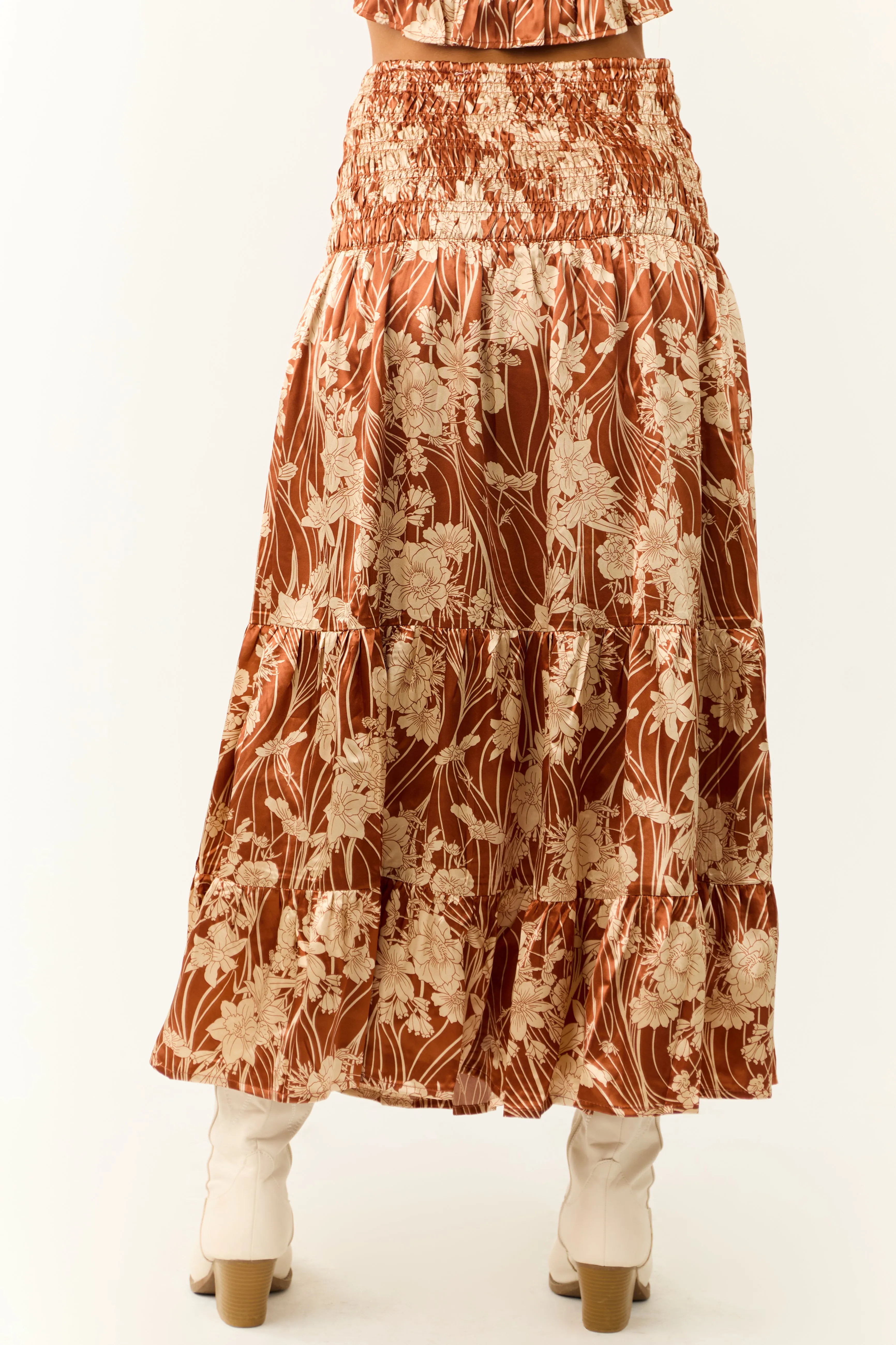 Burnt Orange Floral Print Satin Skirt