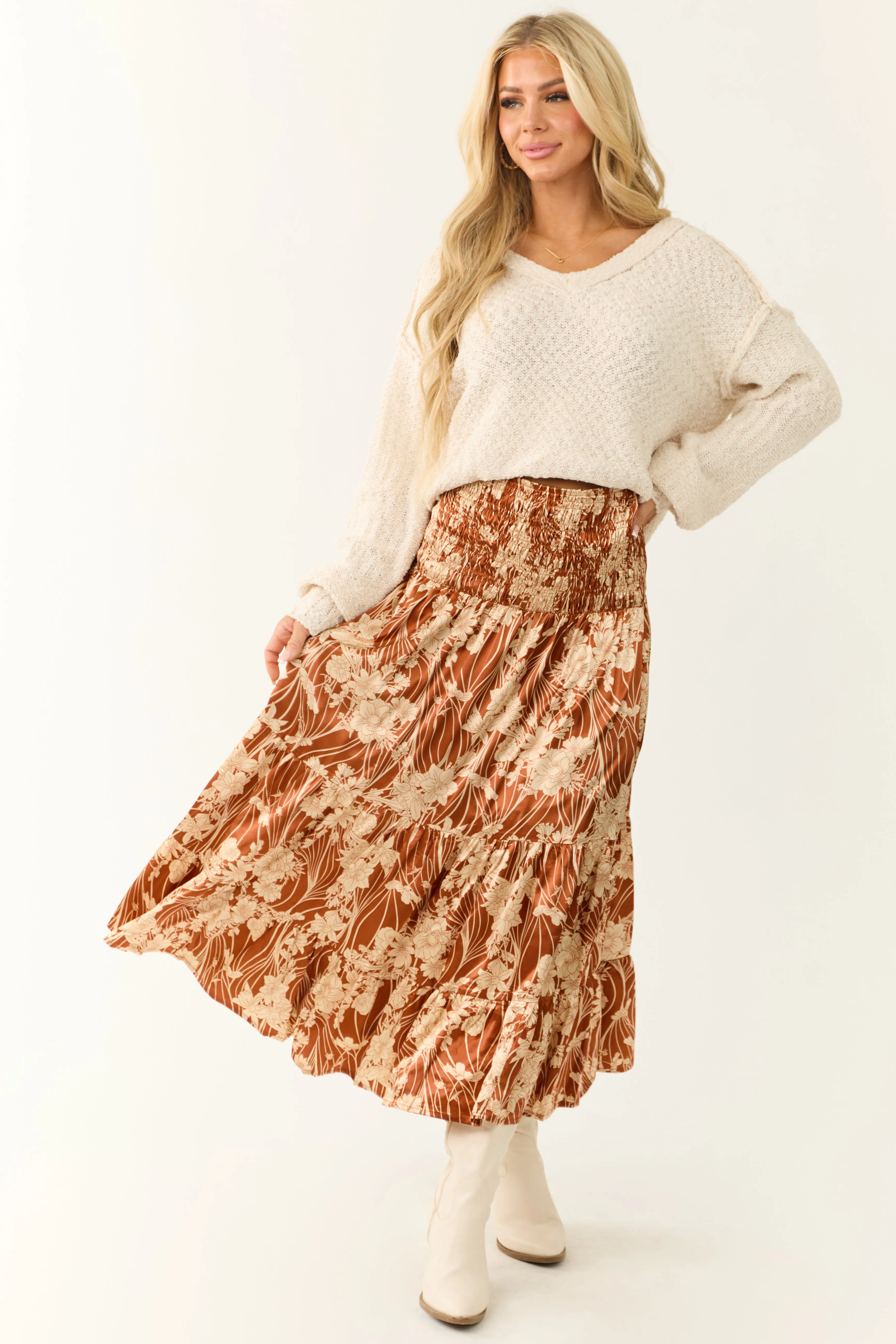 Burnt Orange Floral Print Satin Skirt