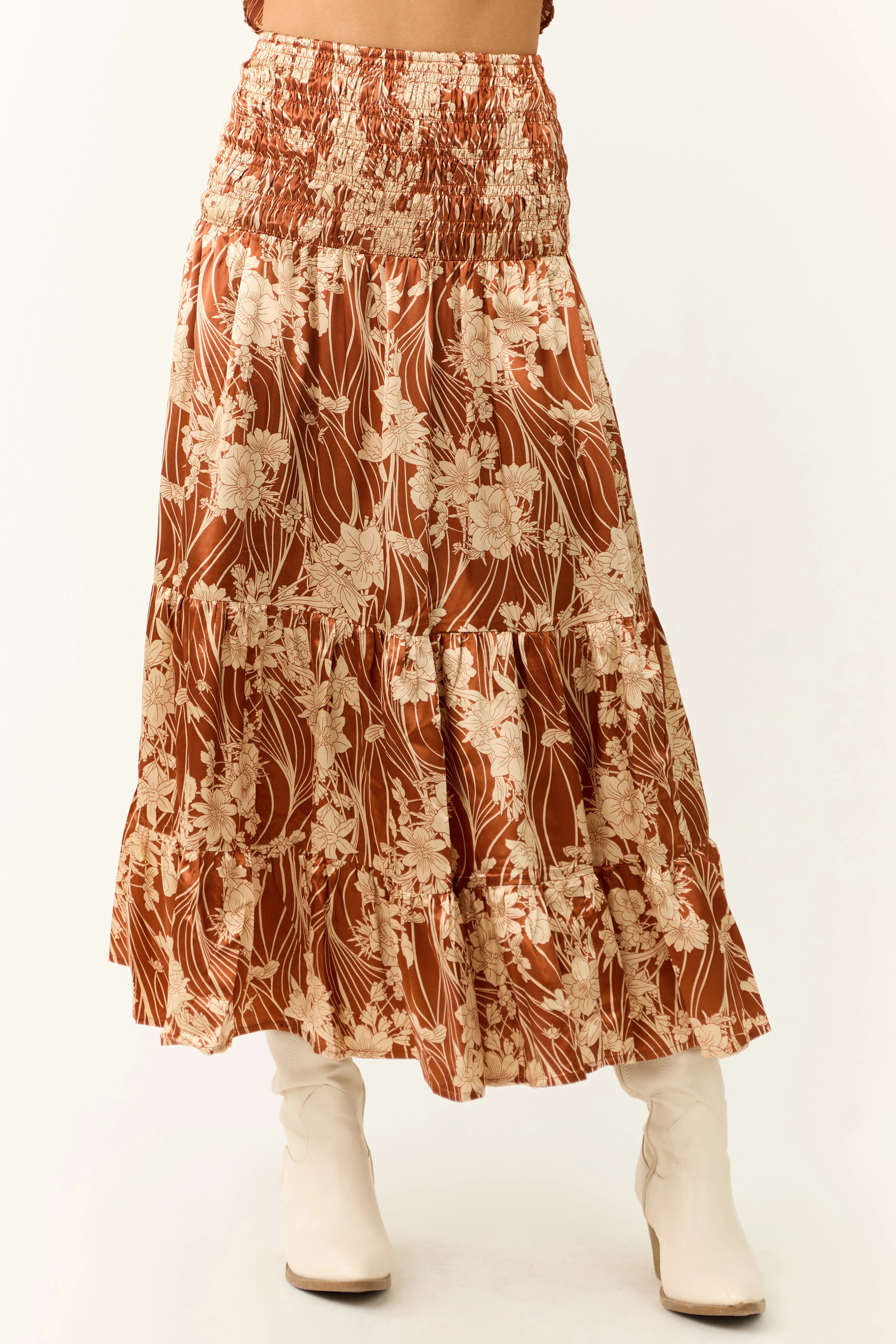 Burnt Orange Floral Print Satin Skirt