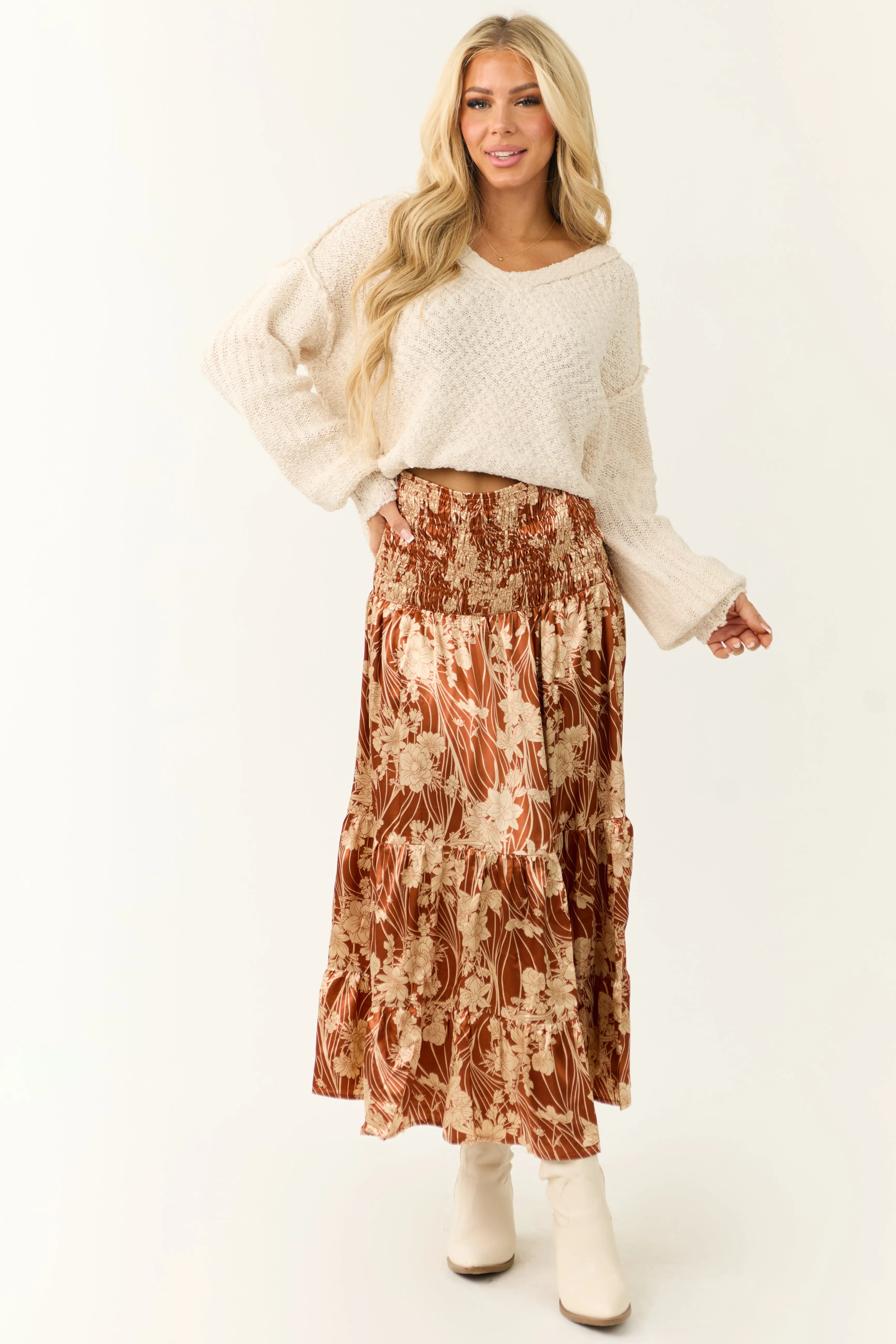 Burnt Orange Floral Print Satin Skirt