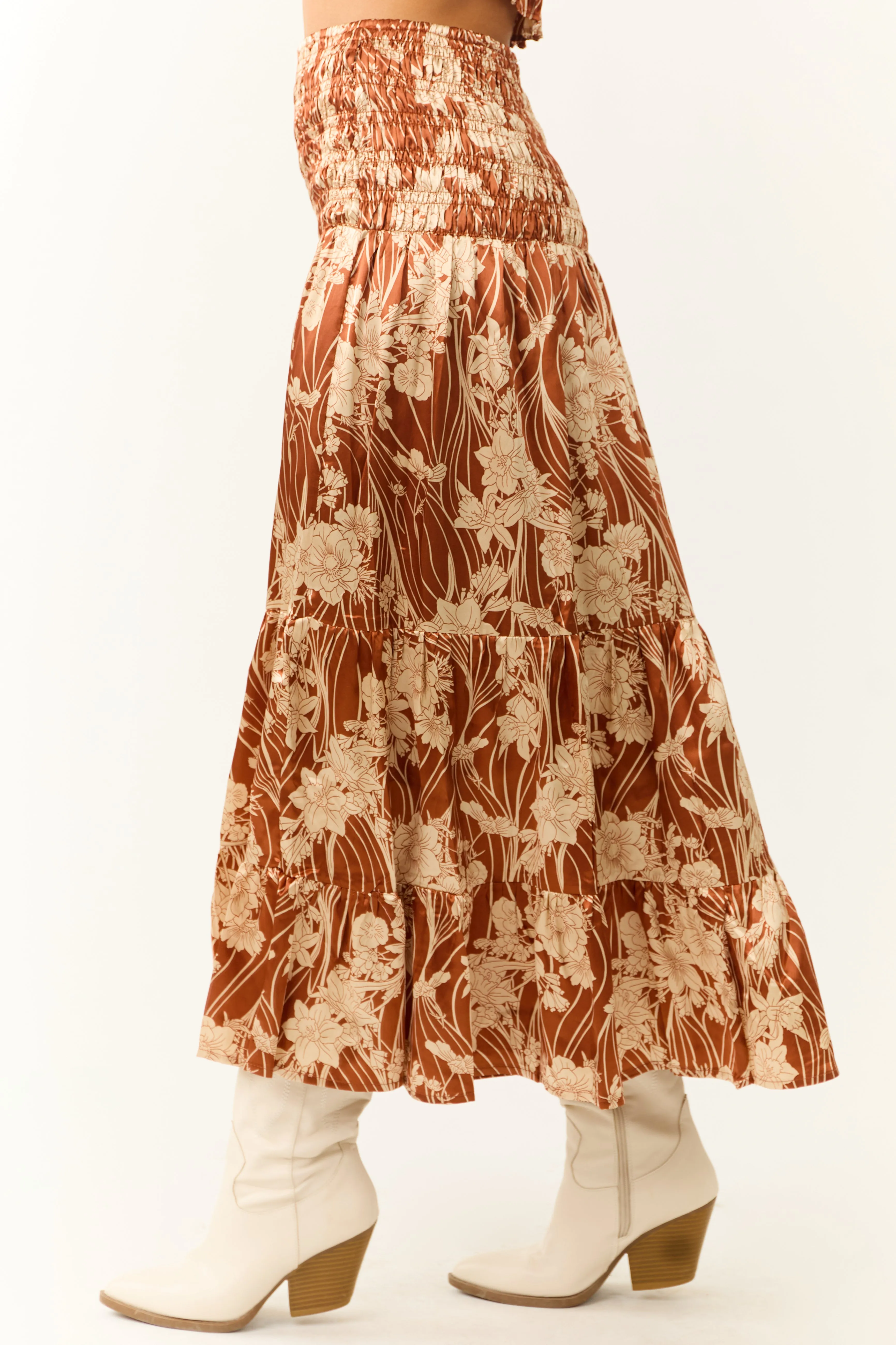 Burnt Orange Floral Print Satin Skirt