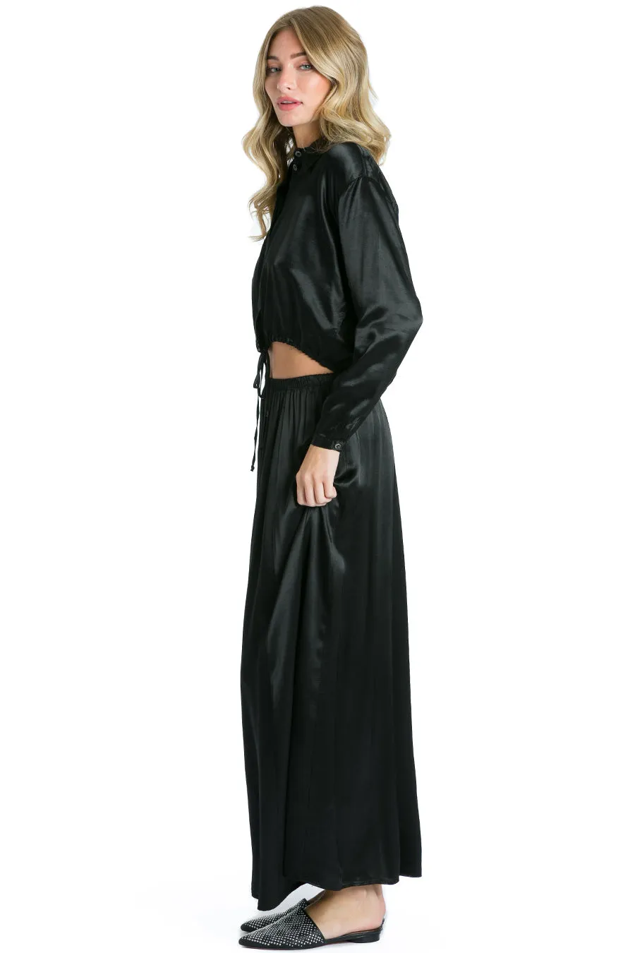 Button Front Satin Maxi Skirt