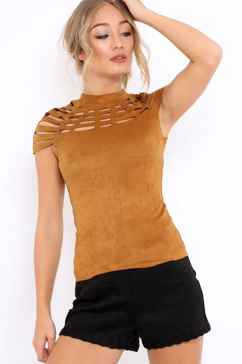 Camel Laser Cut Suedette Top - Abbie