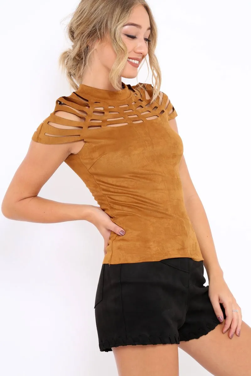 Camel Laser Cut Suedette Top - Abbie