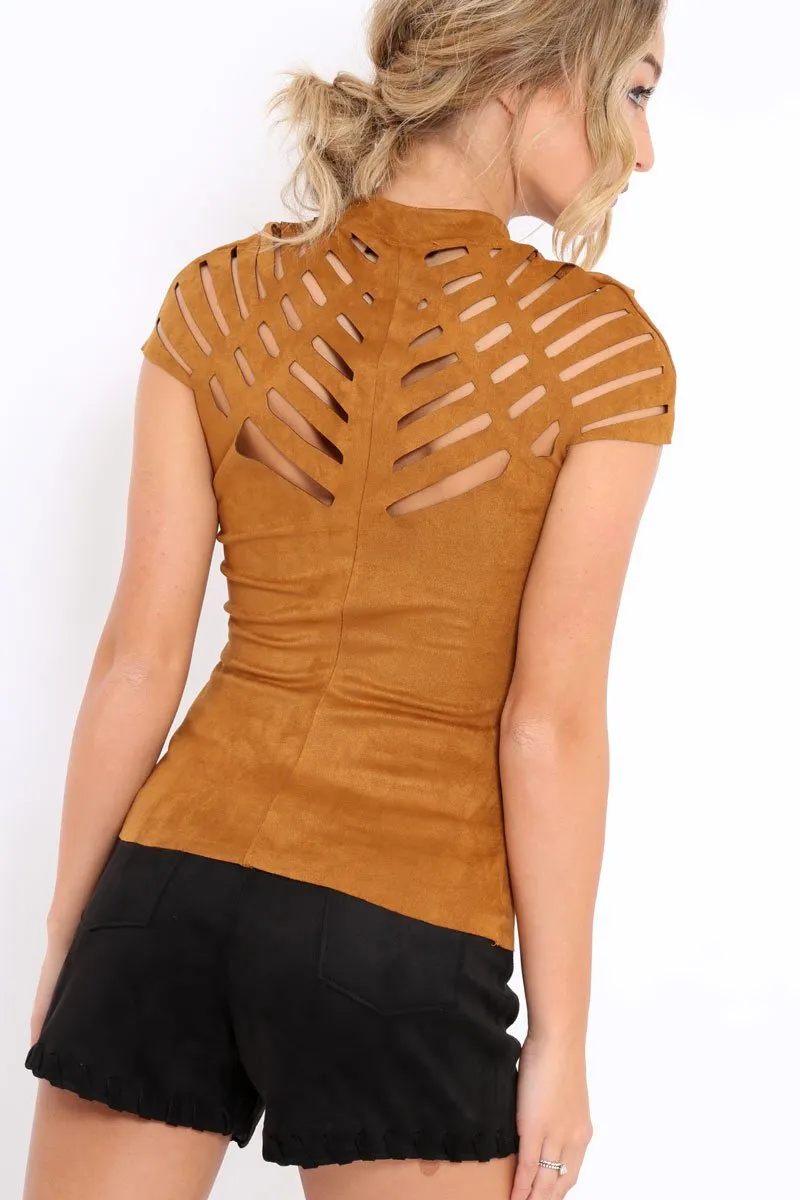 Camel Laser Cut Suedette Top - Abbie