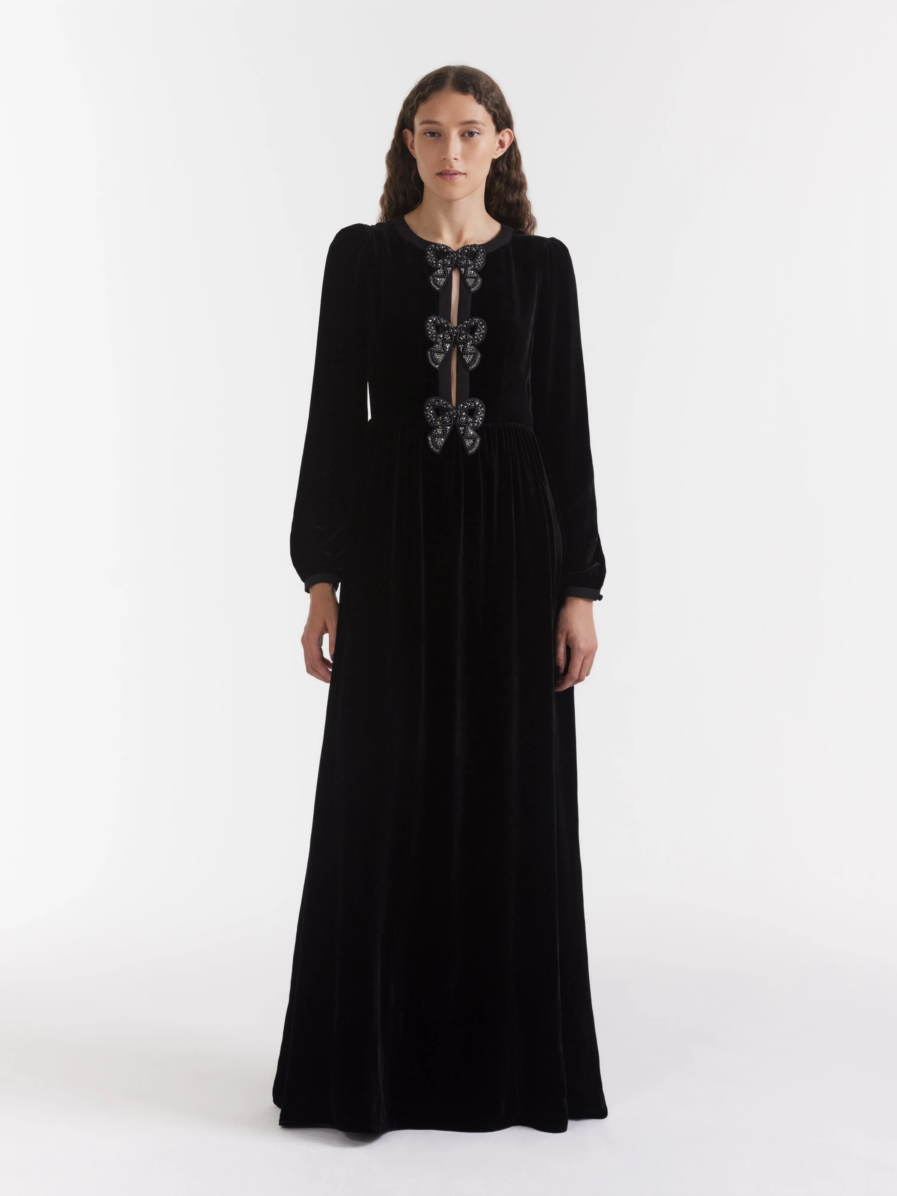 Camille Velvet Embellished Black Bows Long Dress in Black