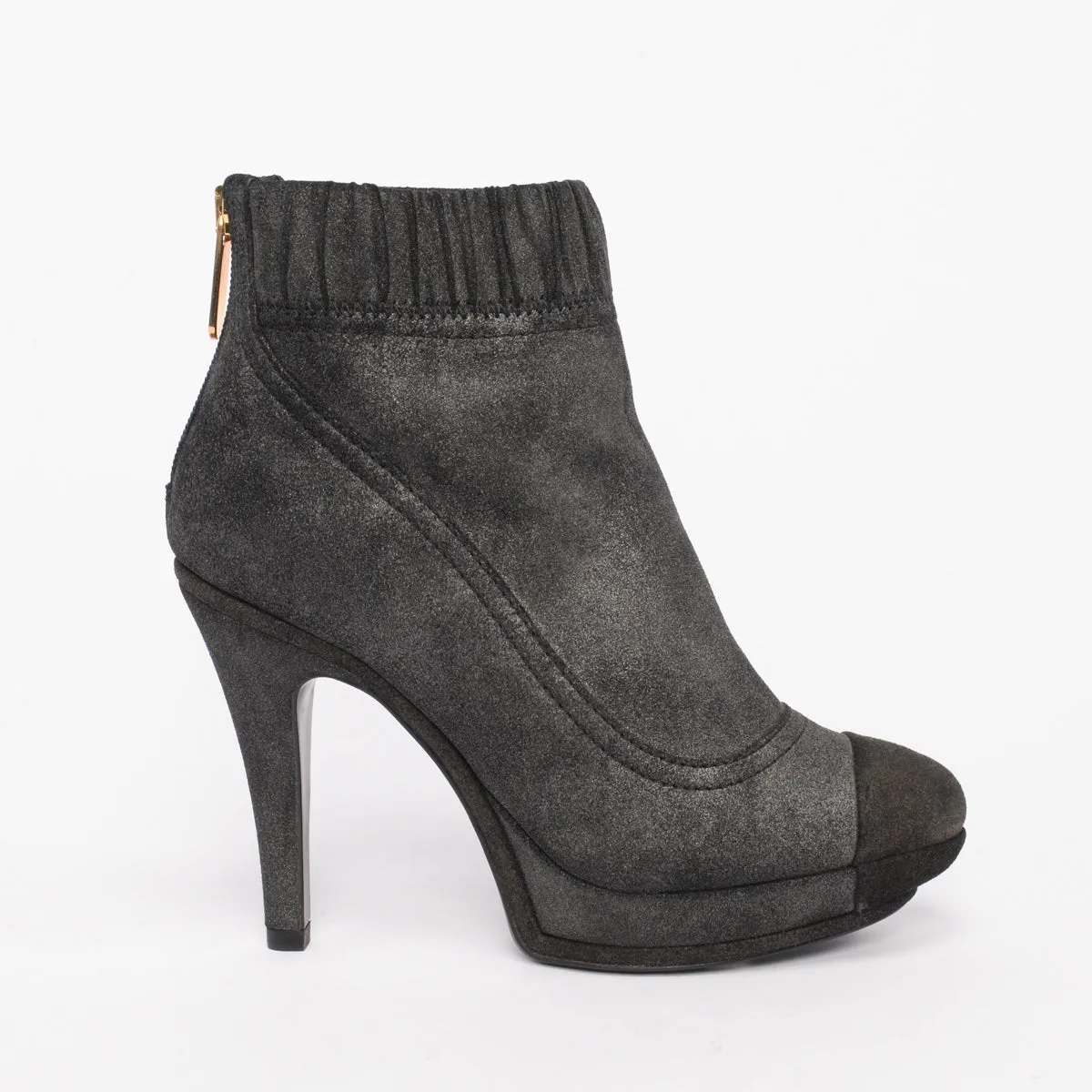 Chanel Anthracite Metallic Suede Platform Sock Boots 37