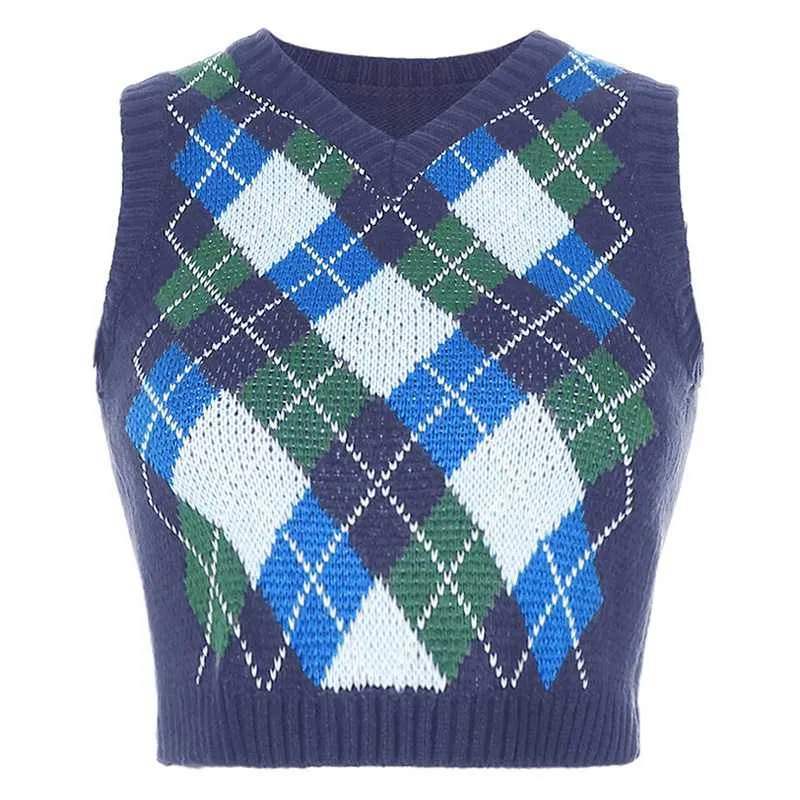 Checkered Cropped Knitted Tank Argyle Sleeveless Jumper